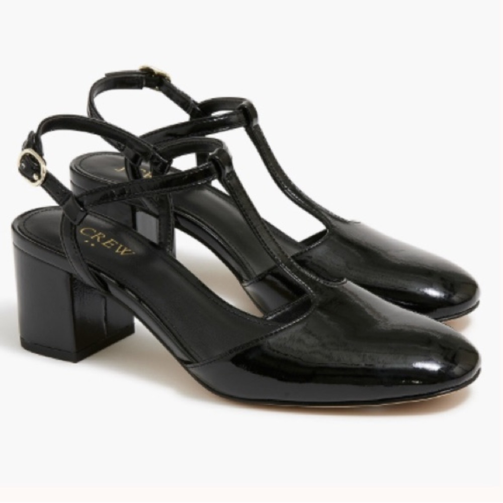 J. Crew Black Patent T-strap Block Heel Shoes, Size 9